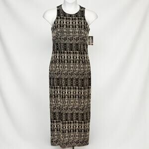 Vintage 80s JBS Embroidered Maxi Dress Black White Geometric Lined Sz 8 NWT NOS